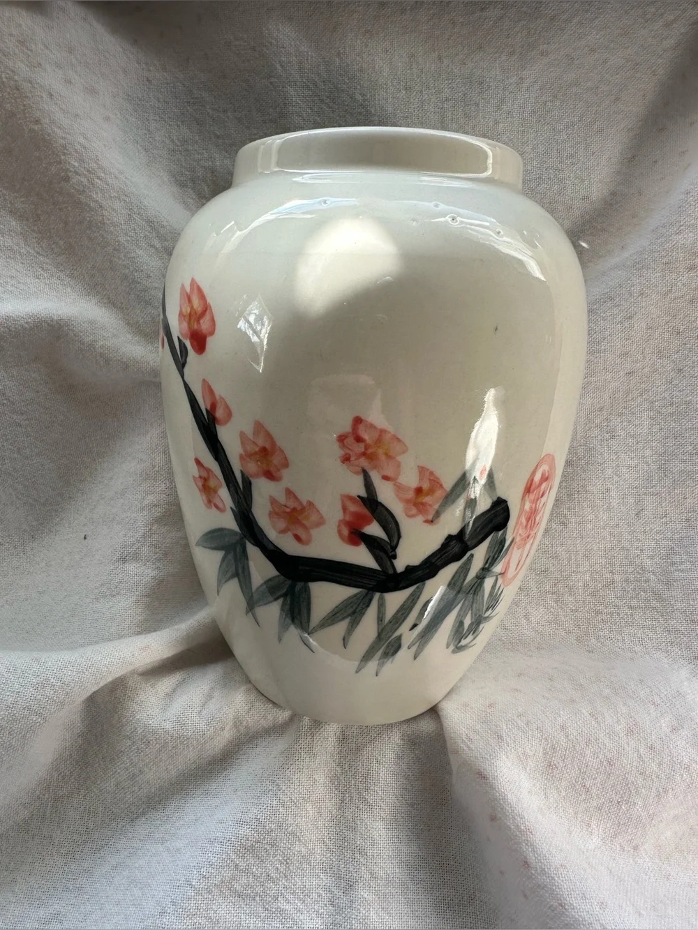 White Asian Oriental Pottery vases HandPainted Signed bamboo cherry art Painting